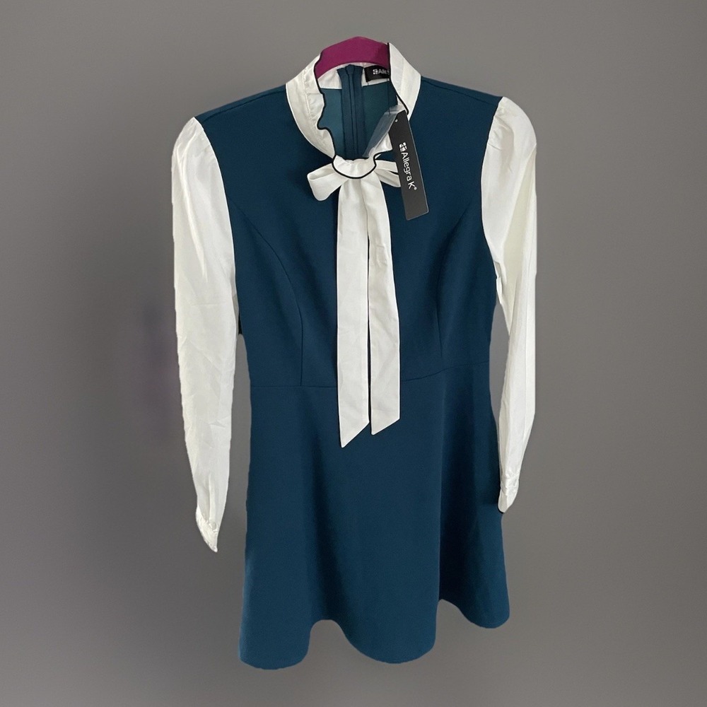 Allegra K Women's Size S Contrast Color Puff Sleeve Bow Flare Dress Teal Twee